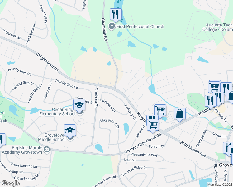 map of restaurants, bars, coffee shops, grocery stores, and more near 409 New Haven Court in Grovetown