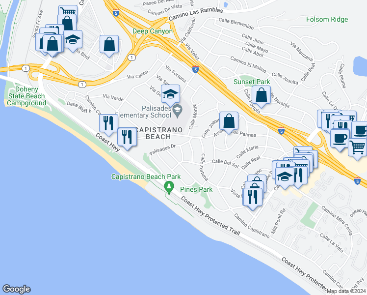 map of restaurants, bars, coffee shops, grocery stores, and more near 26532 Palisades Drive in Dana Point