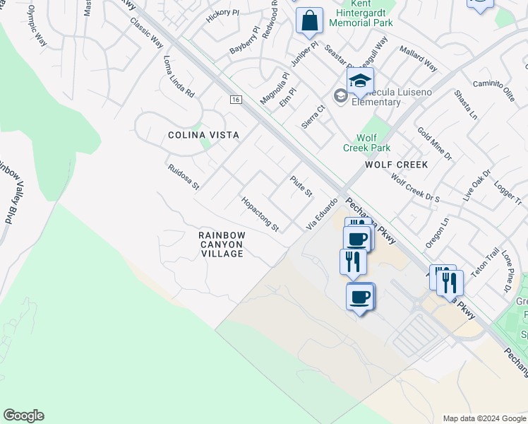map of restaurants, bars, coffee shops, grocery stores, and more near 45774 Hopactong Street in Temecula