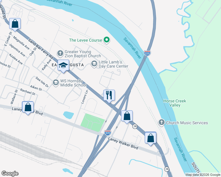 map of restaurants, bars, coffee shops, grocery stores, and more near 602 Fairhope Street in Augusta