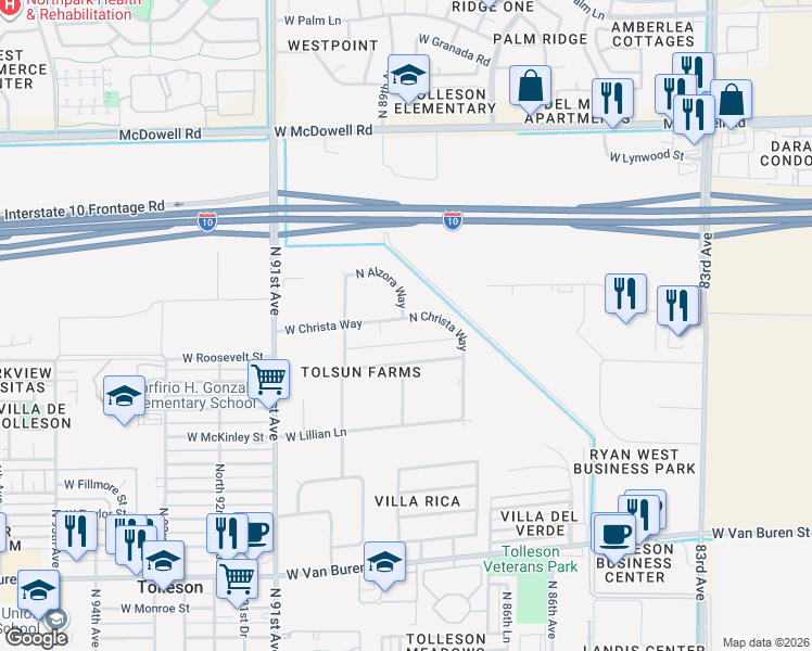 map of restaurants, bars, coffee shops, grocery stores, and more near 1107 North Christa Way in Tolleson