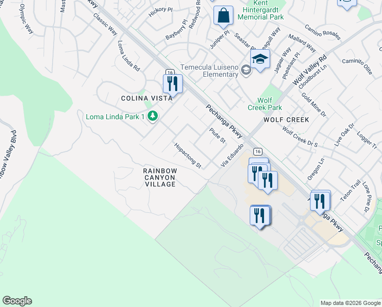 map of restaurants, bars, coffee shops, grocery stores, and more near 45774 Hopactong Street in Temecula