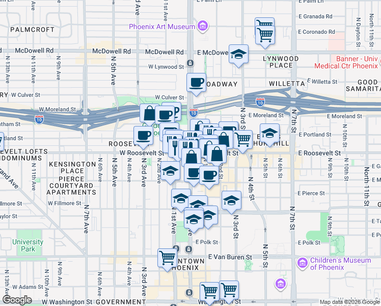 map of restaurants, bars, coffee shops, grocery stores, and more near N Central Ave & E Roosevelt St in Phoenix