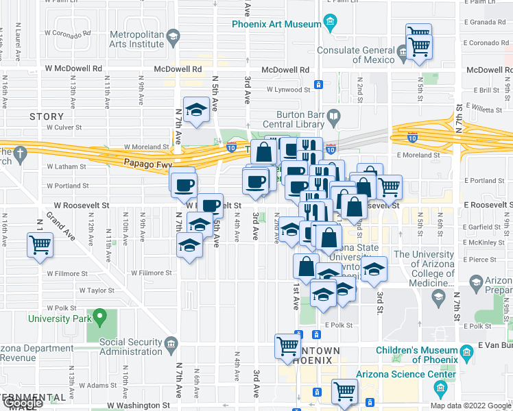 map of restaurants, bars, coffee shops, grocery stores, and more near West Roosevelt Street & North 3rd Avenue in Phoenix