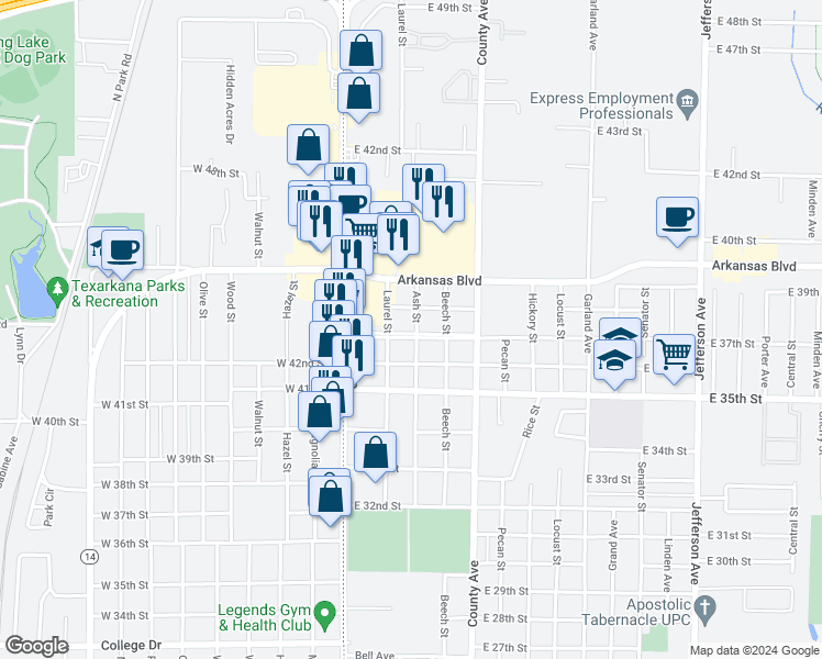 map of restaurants, bars, coffee shops, grocery stores, and more near 217 East 37th Street in Texarkana