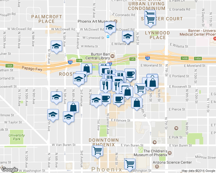 map of restaurants, bars, coffee shops, grocery stores, and more near 1000 North Central Avenue in Phoenix