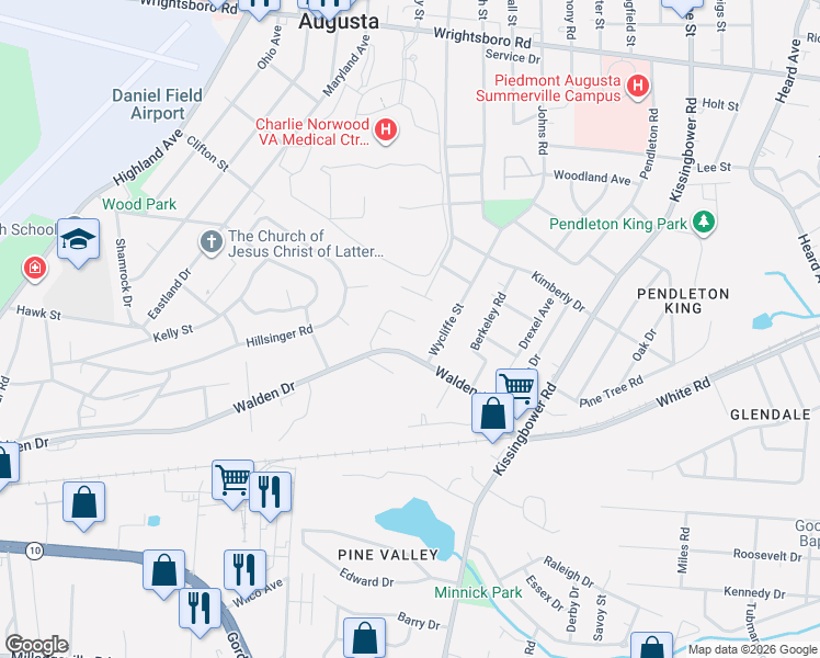 map of restaurants, bars, coffee shops, grocery stores, and more near 2130 Whitney South Drive in Augusta