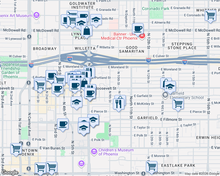 map of restaurants, bars, coffee shops, grocery stores, and more near East Roosevelt Street & North 9th Street in Phoenix