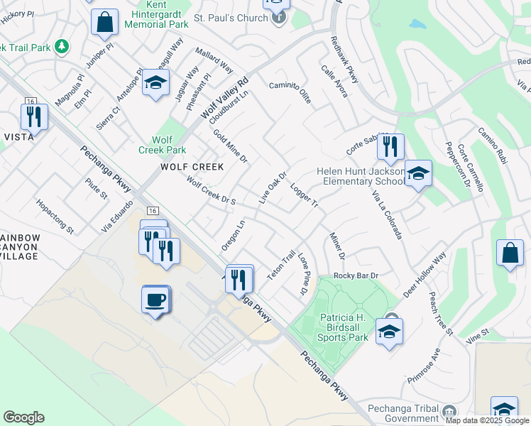 map of restaurants, bars, coffee shops, grocery stores, and more near 45754 Wolf Creek Drive South in Temecula
