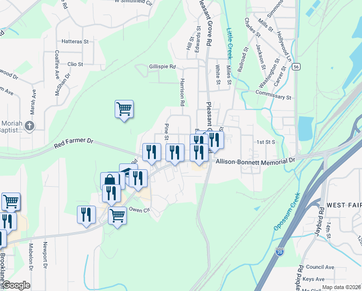 map of restaurants, bars, coffee shops, grocery stores, and more near 113 Woodward Drive in Hueytown