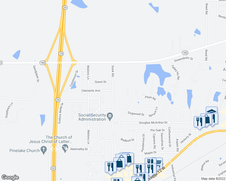 map of restaurants, bars, coffee shops, grocery stores, and more near 2 Clements Avenue in Starkville