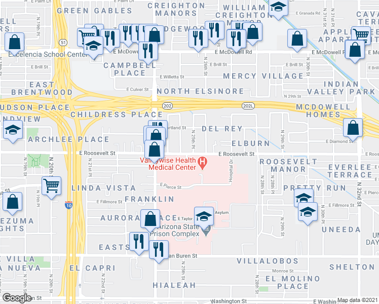 map of restaurants, bars, coffee shops, grocery stores, and more near 1006 North 25th Place in Phoenix
