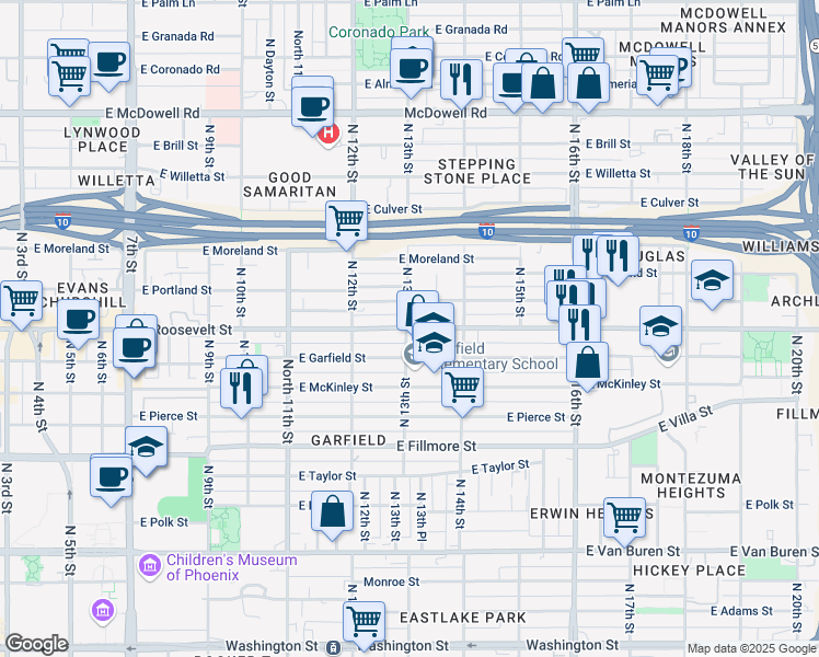 map of restaurants, bars, coffee shops, grocery stores, and more near 1248 East Roosevelt Street in Phoenix