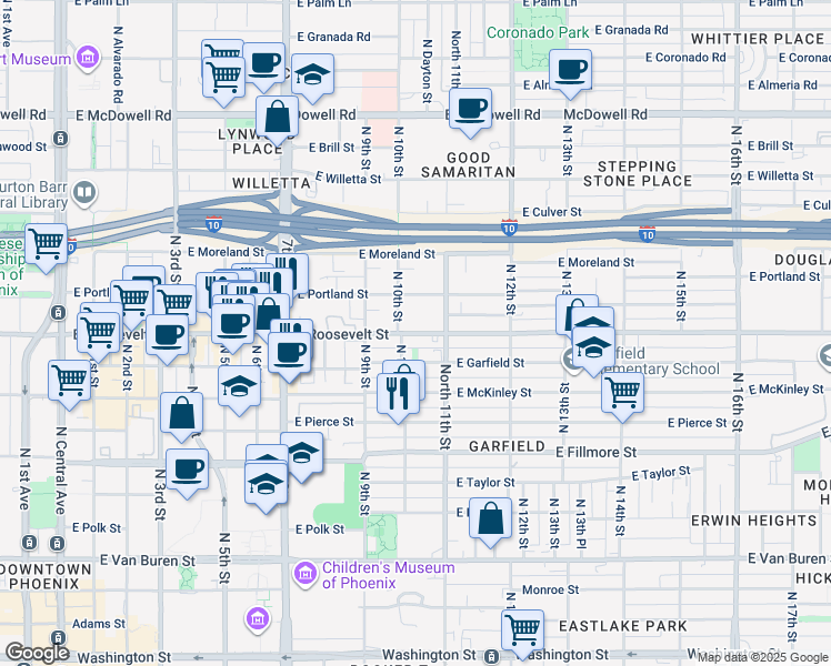map of restaurants, bars, coffee shops, grocery stores, and more near 1009 North 10th Street in Phoenix