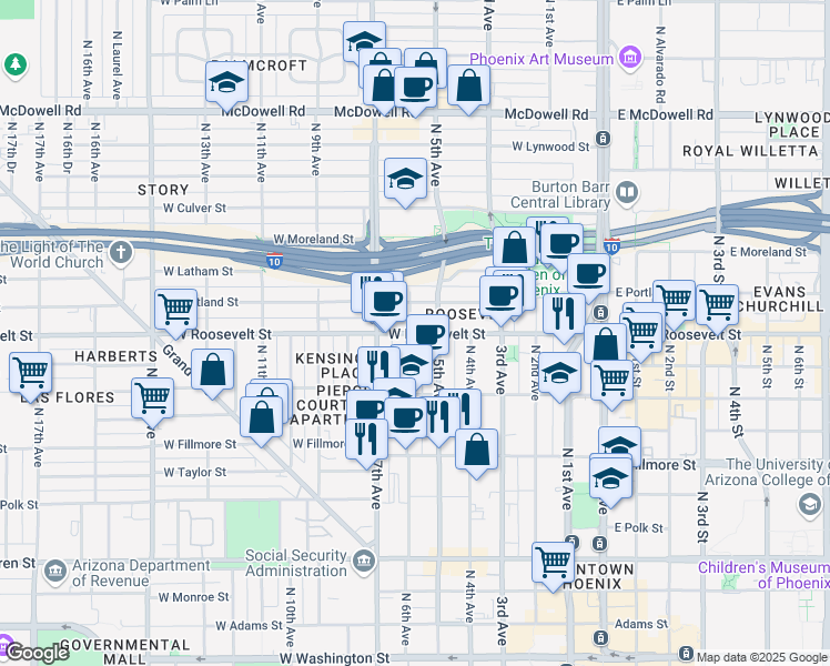 map of restaurants, bars, coffee shops, grocery stores, and more near 526 West Roosevelt Street in Phoenix