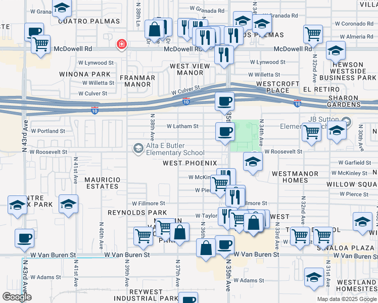 map of restaurants, bars, coffee shops, grocery stores, and more near 3642 West Roosevelt Street in Phoenix