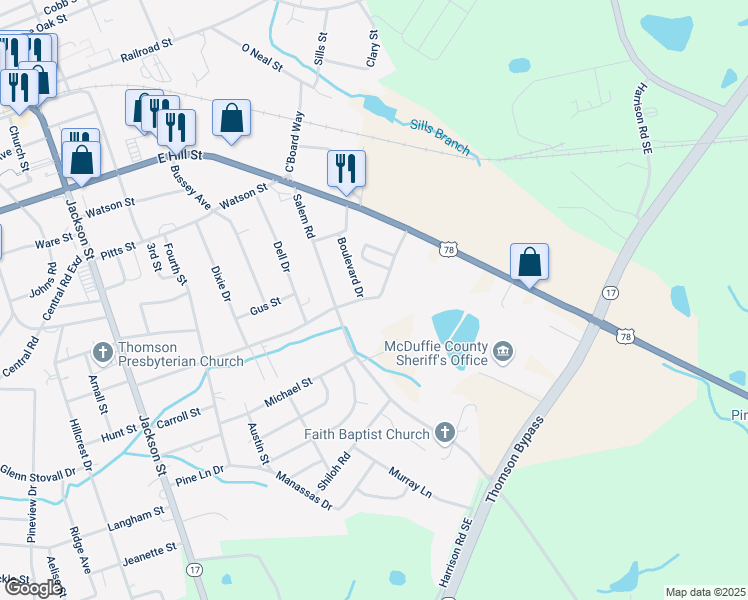 map of restaurants, bars, coffee shops, grocery stores, and more near 13 Boulevard Drive in Thomson