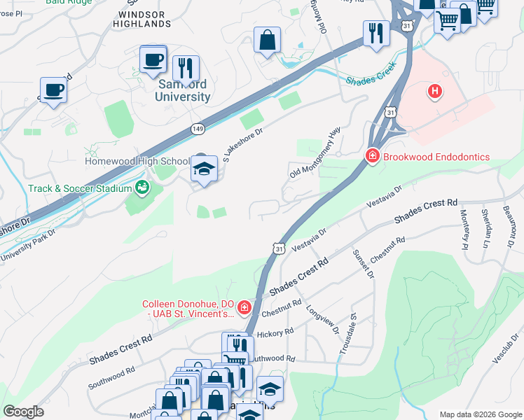 map of restaurants, bars, coffee shops, grocery stores, and more near 507 Woodland Village in Birmingham