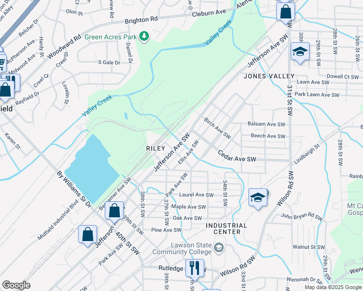 map of restaurants, bars, coffee shops, grocery stores, and more near 3521 Jefferson Avenue Southwest in Birmingham