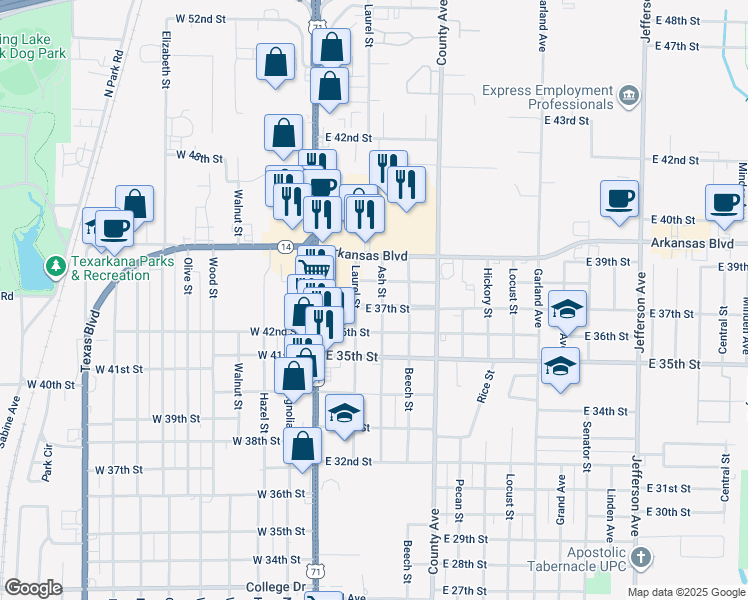 map of restaurants, bars, coffee shops, grocery stores, and more near 201 East 37th Street in Texarkana