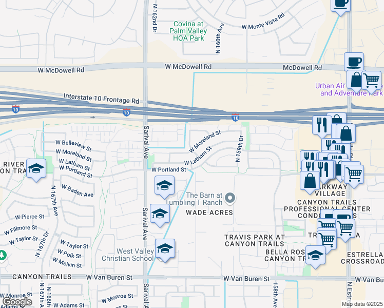 map of restaurants, bars, coffee shops, grocery stores, and more near 16109 West Moreland Street in Goodyear