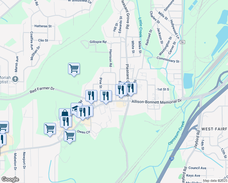 map of restaurants, bars, coffee shops, grocery stores, and more near 109 Woodward Drive in Hueytown
