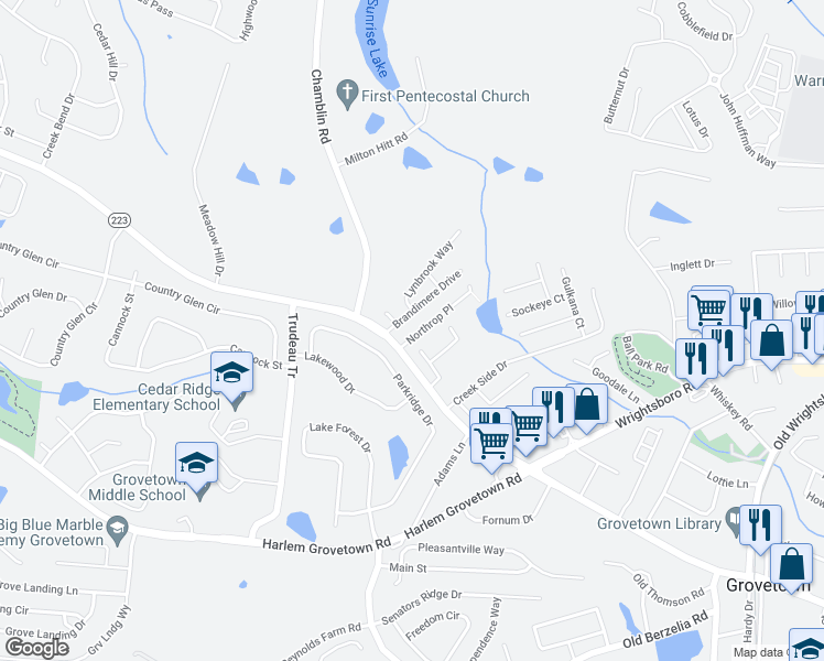map of restaurants, bars, coffee shops, grocery stores, and more near 413 Northrop Place in Grovetown
