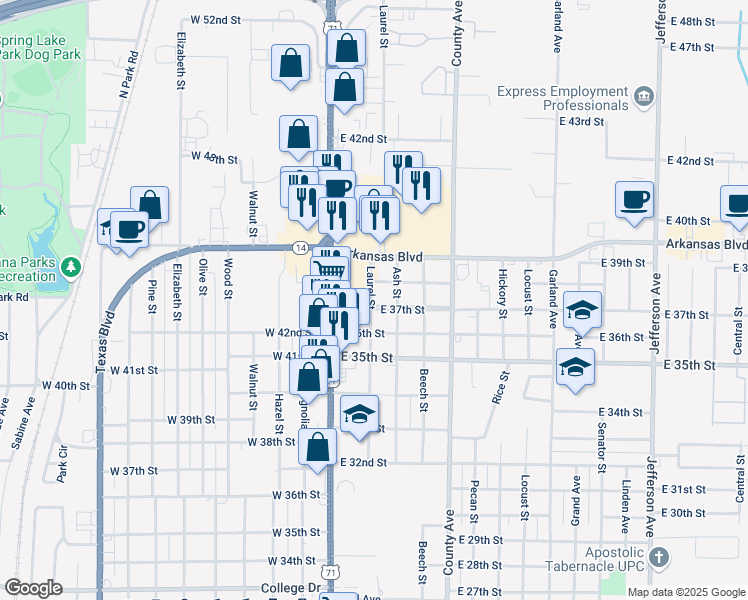 map of restaurants, bars, coffee shops, grocery stores, and more near 201 East 37th Street in Texarkana