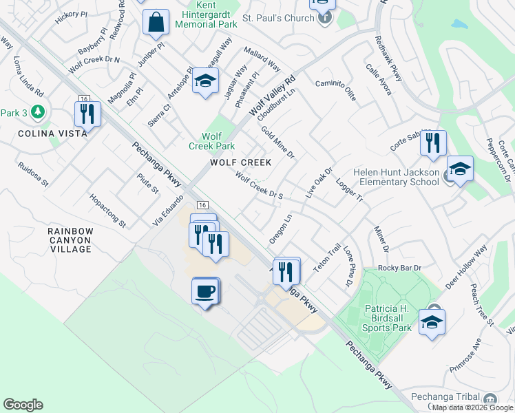 map of restaurants, bars, coffee shops, grocery stores, and more near 46059 Rocky Trail Lane in Temecula