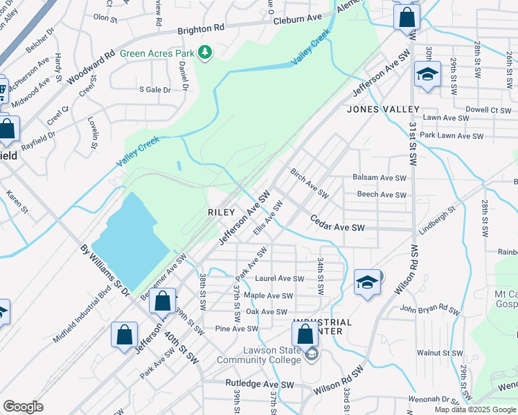 map of restaurants, bars, coffee shops, grocery stores, and more near 3521 Jefferson Avenue Southwest in Birmingham