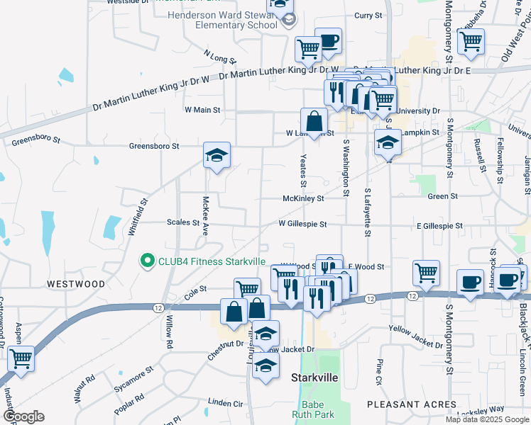 map of restaurants, bars, coffee shops, grocery stores, and more near 400 Louisville Street in Starkville