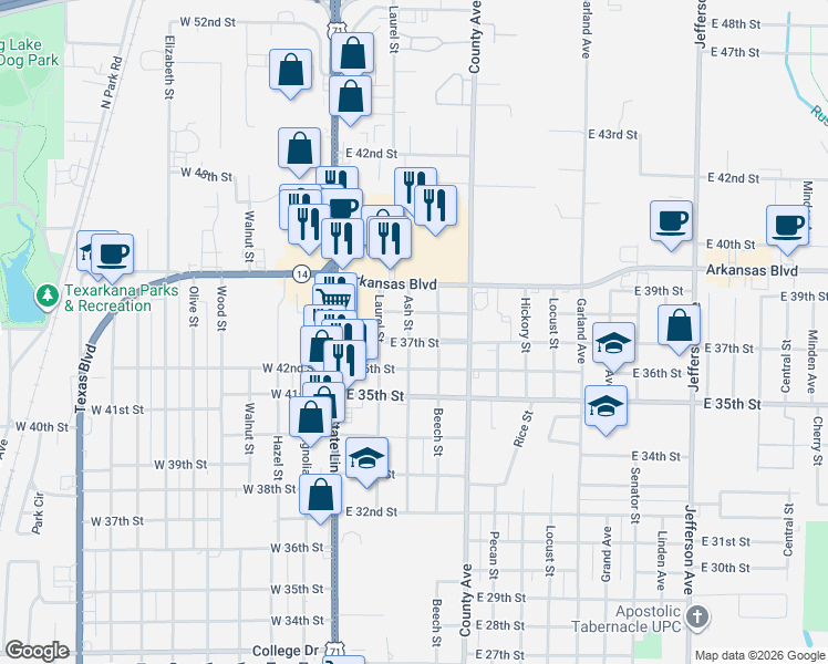 map of restaurants, bars, coffee shops, grocery stores, and more near 3703 Beech Street in Texarkana