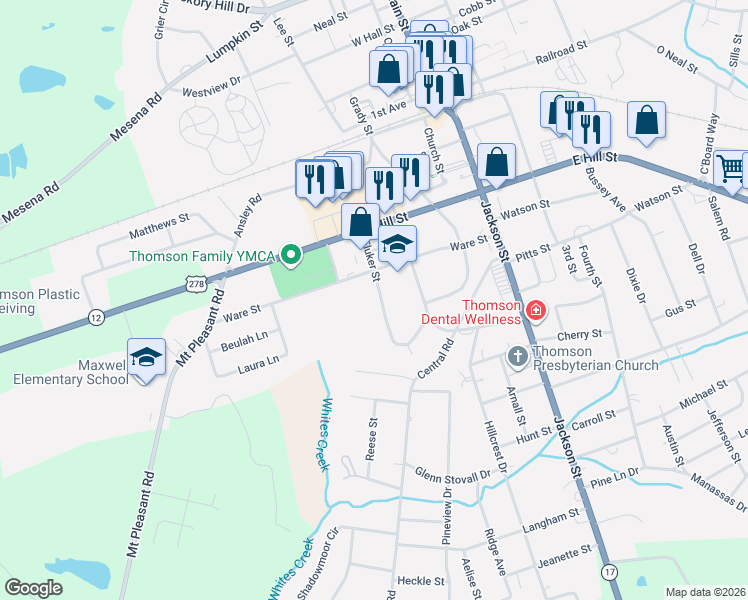 map of restaurants, bars, coffee shops, grocery stores, and more near 415 Fluker Street in Thomson