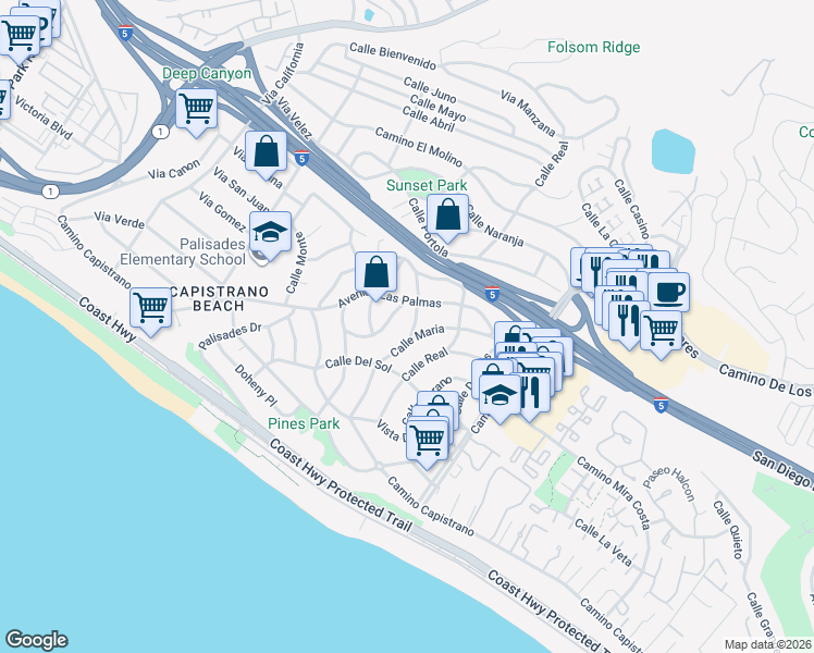 map of restaurants, bars, coffee shops, grocery stores, and more near 34691 Calle Los Robles in Dana Point