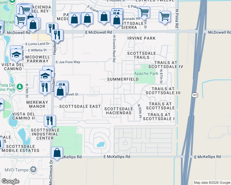 map of restaurants, bars, coffee shops, grocery stores, and more near 1015 North Granite Reef Road in Scottsdale