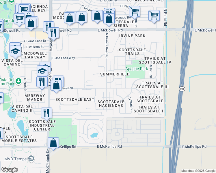 map of restaurants, bars, coffee shops, grocery stores, and more near 1015 North Granite Reef Road in Scottsdale