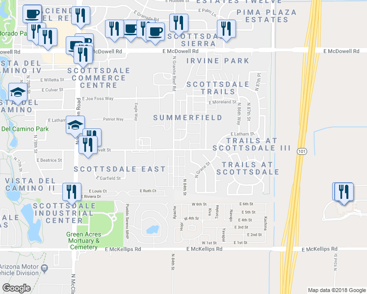 map of restaurants, bars, coffee shops, grocery stores, and more near 8412 East Roosevelt Street in Scottsdale