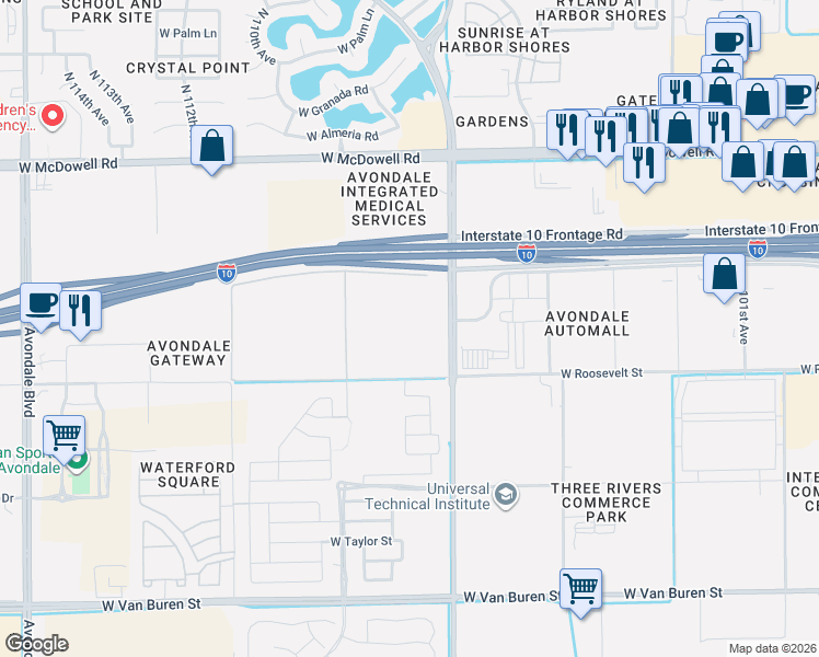 map of restaurants, bars, coffee shops, grocery stores, and more near 1118-1176 N 107th Ave in Avondale