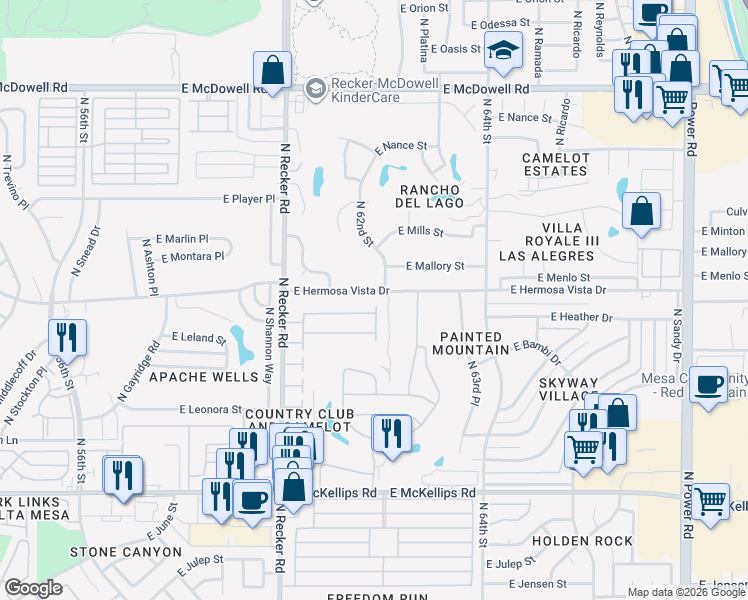 map of restaurants, bars, coffee shops, grocery stores, and more near 6151 East Hermosa Vista Drive in Mesa