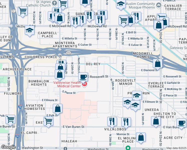 map of restaurants, bars, coffee shops, grocery stores, and more near 2628 East Roosevelt Street in Phoenix