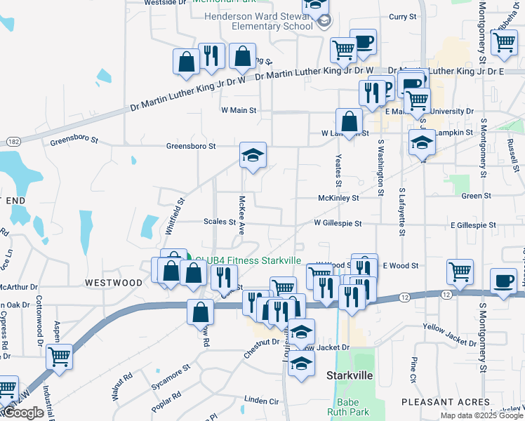 map of restaurants, bars, coffee shops, grocery stores, and more near 309 Ward Drive in Starkville
