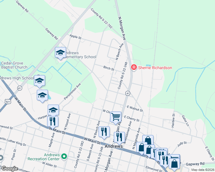 map of restaurants, bars, coffee shops, grocery stores, and more near 511 North Beech Avenue in Andrews