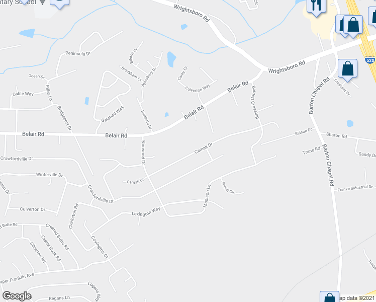 map of restaurants, bars, coffee shops, grocery stores, and more near 3425 Camak Drive in Augusta