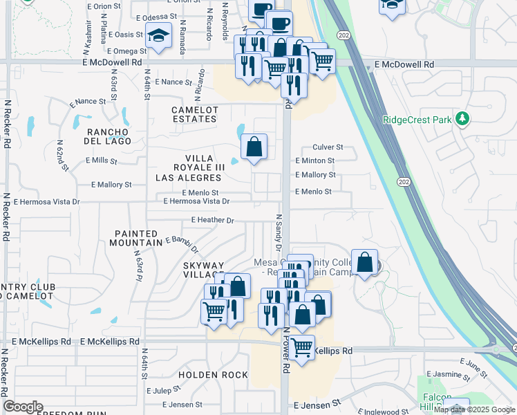 map of restaurants, bars, coffee shops, grocery stores, and more near 6701 East Hermosa Vista Drive in Mesa