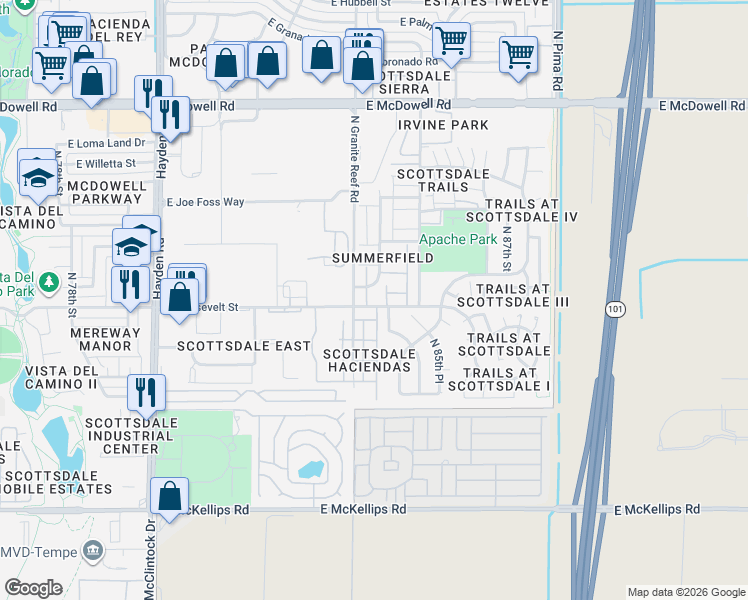map of restaurants, bars, coffee shops, grocery stores, and more near 1015 North Granite Reef Road in Scottsdale