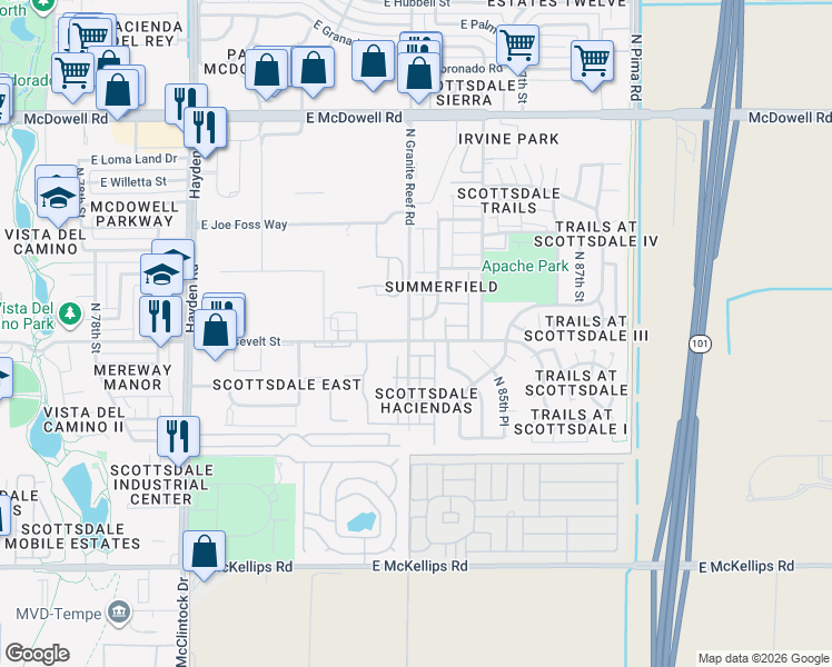 map of restaurants, bars, coffee shops, grocery stores, and more near 1015 North Granite Reef Road in Scottsdale