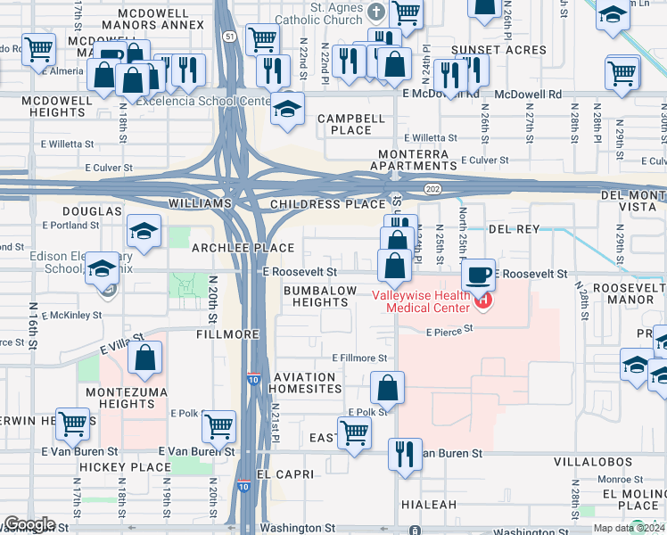 map of restaurants, bars, coffee shops, grocery stores, and more near 2232 East Roosevelt Street in Phoenix