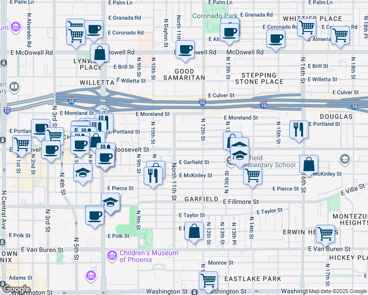 map of restaurants, bars, coffee shops, grocery stores, and more near 1134 East Roosevelt Street in Phoenix