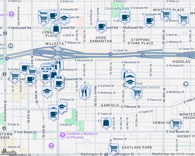 map of restaurants, bars, coffee shops, grocery stores, and more near in Phoenix