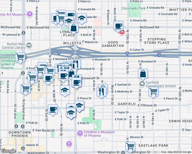 map of restaurants, bars, coffee shops, grocery stores, and more near 1010 North 9th Street in Phoenix